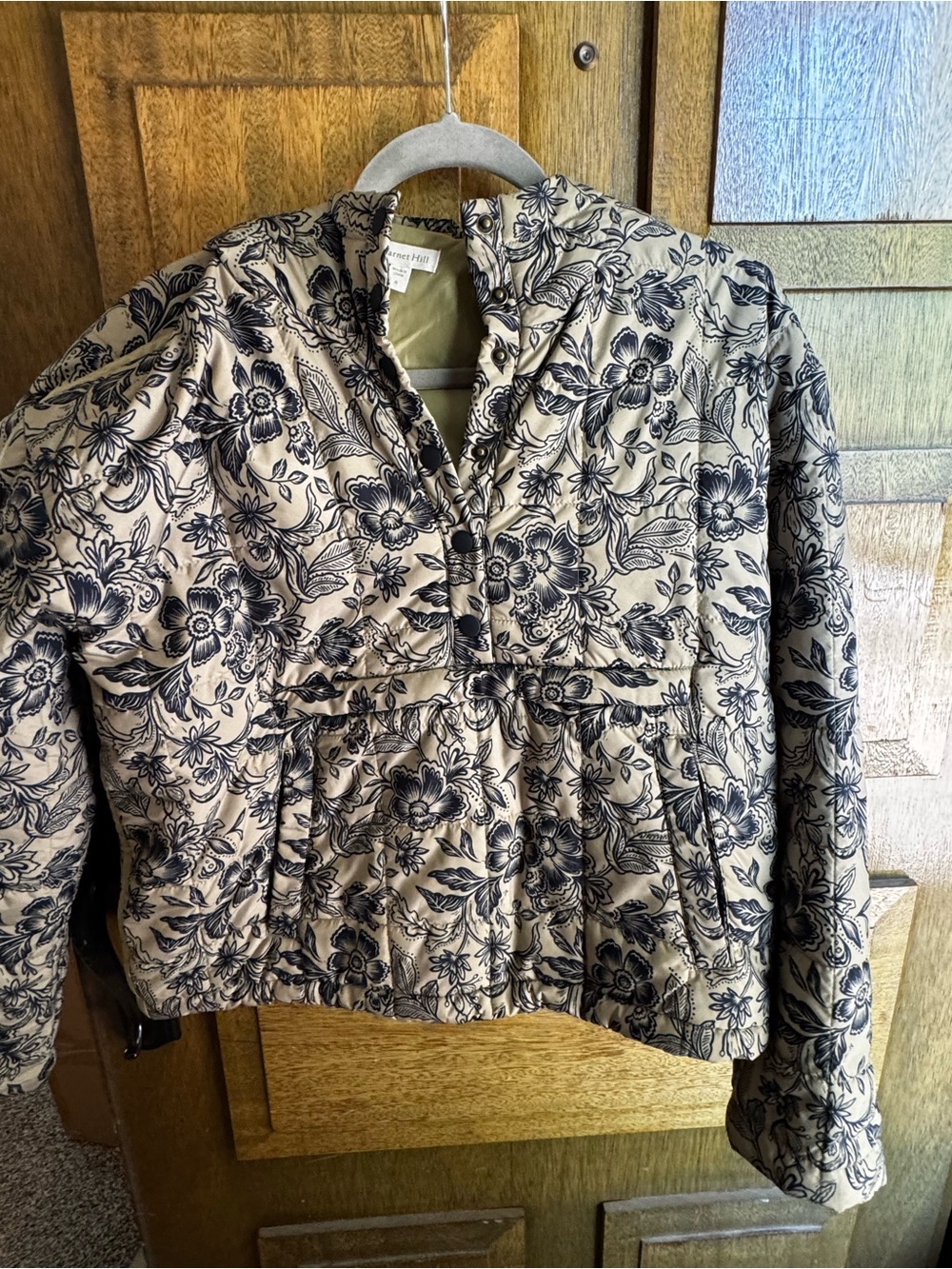 Garnet Hill Olive Puffer Jacket with Black Floral Print